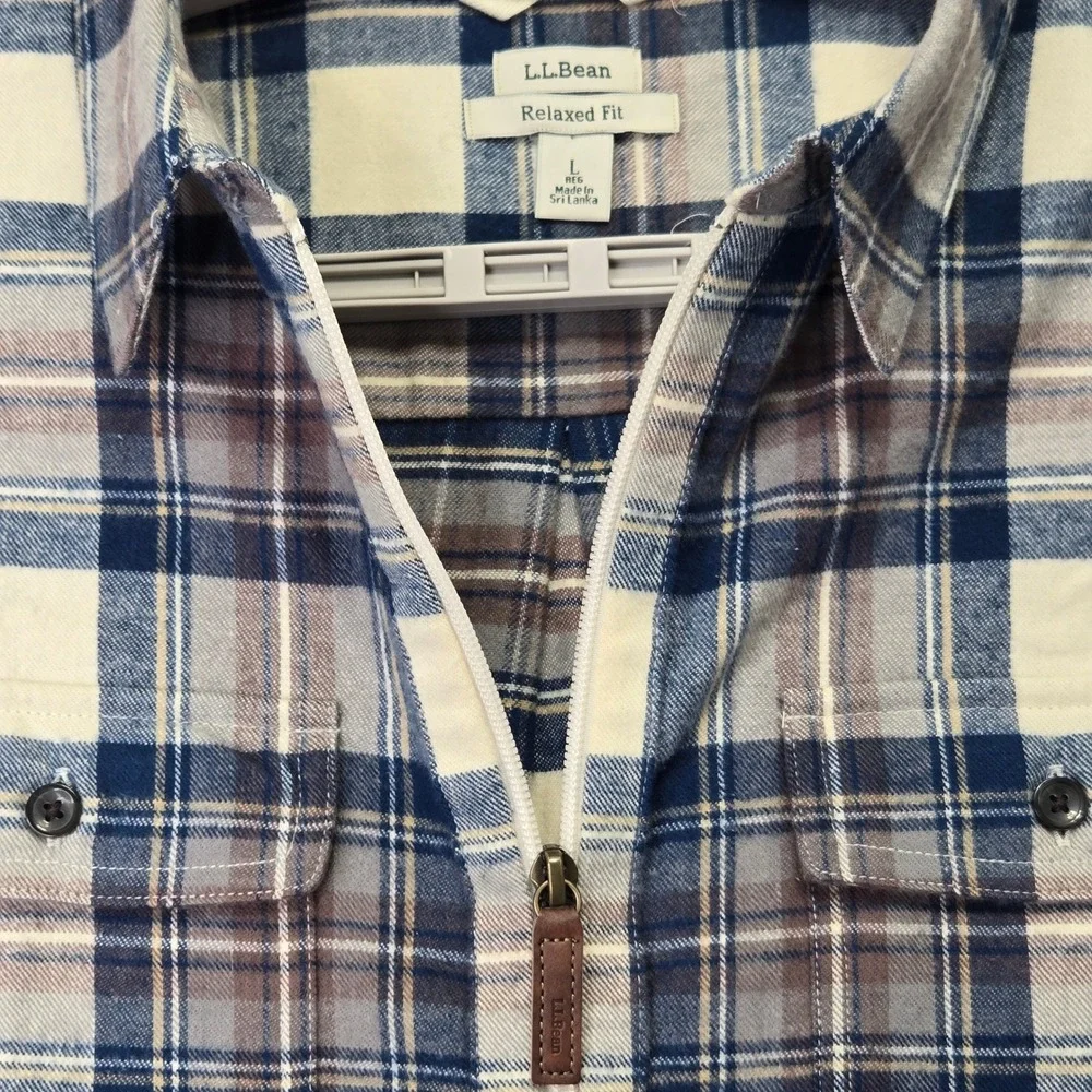 L.L.Bean Flannel Shirt Blue Brown Plaid Quarter Zip Soft Cotton Mens Large L